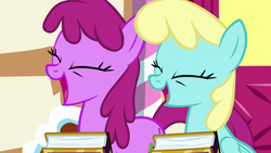 Size: 1280x720 | Tagged: safe, screencap, berry punch, berryshine, sassaflash, earth pony, pegasus, pony, fame and misfortune, g4, berrybetes, cute, duo, eyes closed, female, friendship journal, laughing, laughing hard eh?, mare, open mouth, sassabetes
