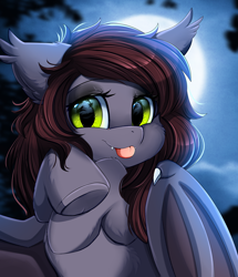 Size: 1722x2003 | Tagged: safe, artist:pridark, oc, oc only, oc:sweetnight, bat pony, pony, :p, bat pony oc, bat wings, bust, commission, cute, cute little fangs, fangs, female, full moon, looking at you, mare, moon, night, night sky, ocbetes, portrait, sky, smiling, smiling at you, solo, tongue out, underhoof, wings