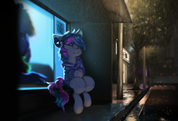 Size: 3000x2043 | Tagged: safe, artist:theprince, oc, oc only, earth pony, pony, bus stop, clothes, headphones, high res, hoodie, nap, rain, solo, tree