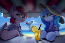 Size: 1988x1331 | Tagged: safe, artist:theprince, oc, oc only, oc:ericken, oc:time slowly, alicorn, pony, unicorn, beach, clothes, drink, ericly, glasses, hat, shirt