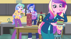 Size: 1488x814 | Tagged: safe, screencap, dean cadance, princess cadance, princess celestia, princess luna, principal celestia, vice principal luna, human, acadeca, equestria girls, g4, my little pony equestria girls: friendship games, :t, brooch, cabinet, cake, cake slice, cakelestia, caught, clothes, cropped, cutie mark, cutie mark accessory, cutie mark brooch, cutie mark on clothes, eating, end credits, eyeshadow, female, food, fork, guilty pleasure, jacket, jewelry, lipstick, looking at you, makeup, mona lisa, open mouth, pants, picture, plate, right there in front of me, shocked, siblings, sink, sisters, skirt, spoon, table, trio, trio female, wide eyes, woman