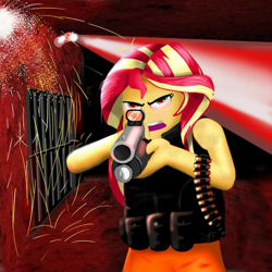 Size: 720x720 | Tagged: safe, artist:samueldavillo, sunset shimmer, equestria girls, g4, bulletproof vest, gun, jail, jailbreak, reflex sight, shotgun, solo, weapon