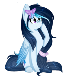 Size: 588x668 | Tagged: safe, artist:ayoarts, oc, oc only, butterfly, pegasus, pony, bow, female, hair bow, heterochromia, simple background, solo, transparent background