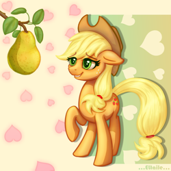 Size: 2000x2000 | Tagged: safe, artist:eltaile, applejack, earth pony, pony, g4, apple, cowboy hat, female, food, hat, heart, heresy, high res, love, mare, pear, raised hoof, smiling, solo