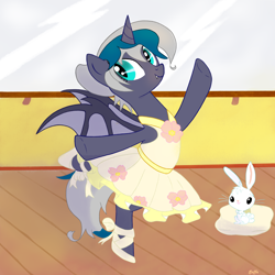 Size: 2500x2500 | Tagged: safe, artist:saffa, oc, oc only, oc:elizabat stormfeather, alicorn, bat pony, bat pony alicorn, pony, rabbit, alicorn oc, alternate hairstyle, animal, ballerina, ballet, ballet slippers, bat pony oc, bat wings, clothes, commission, cute, dress, female, high res, horn, mare, ocbetes, pillow, raised hoof, raised leg, skirt, solo, tutu, wings, ych result