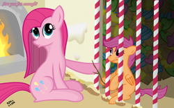 Size: 1280x800 | Tagged: safe, artist:rdksi, pinkie pie, scootaloo, earth pony, pegasus, pony, g4, abuse, blank flank, candy, duo, duo female, female, filly, fireplace, foal, folded wings, food, hansel and gretel, implied cannibalism, imprisoned, indoors, mare, pinkamena diane pie, scootabuse, signature, sitting, twig, wings