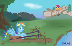 Size: 1363x868 | Tagged: safe, artist:rdksi, rainbow dash, scootaloo, pegasus, pony, g4, cardboard box, female, plane, slingshot, tongue out