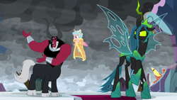 Size: 1920x1080 | Tagged: safe, screencap, cozy glow, lord tirek, queen chrysalis, alicorn, centaur, changeling, changeling queen, pony, g4, the ending of the end, alicornified, bow, cape, clothes, cloud, cloven hooves, colored hooves, cozycorn, dark clouds, female, filly, hair bow, male, nose piercing, nose ring, piercing, race swap, septum piercing, trio, ultimate chrysalis, wind