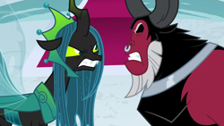 Size: 1920x1080 | Tagged: safe, screencap, lord tirek, queen chrysalis, centaur, changeling, changeling queen, g4, the ending of the end, angry, argument, crown, duo, female, gritted teeth, growling, horn, jewelry, looking at each other, looking at someone, male, regalia, snarling, teeth, ultimate chrysalis