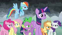 Size: 1920x1080 | Tagged: safe, screencap, applejack, fluttershy, pinkie pie, rainbow dash, rarity, spike, twilight sparkle, alicorn, dragon, earth pony, pegasus, pony, unicorn, g4, the ending of the end, alicorn horn, applejack's hat, cowboy hat, female, flying, hat, horn, male, mane seven, mane six, mare, png, spread wings, twilight sparkle (alicorn), unicorn horn, winged spike, wings, wings down, worried