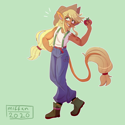 Size: 3000x3000 | Tagged: safe, artist:miffxn, applejack, human, g4, alternate hairstyle, apple, applejack's hat, belt, boots, clothes, cowboy hat, cutie mark tattoo, dark skin, ear piercing, eared humanization, earring, female, food, freckles, green background, grin, hat, high res, humanized, jeans, jewelry, leonine tail, pants, piercing, shoes, simple background, smiling, solo, suspenders, tailed humanization, tank top, tattoo
