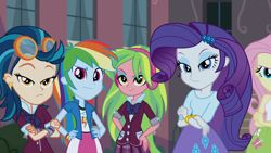 Size: 1920x1080 | Tagged: safe, screencap, fluttershy, indigo zap, lemon zest, rainbow dash, rarity, equestria girls, g4, my little pony equestria girls: friendship games, clothes, dreamworks face, female, lidded eyes, looking at you, mixed reactions, skirt, smiling, smirk, unamused, varying degrees of want