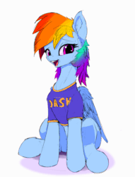 Size: 1800x2359 | Tagged: safe, artist:xbi, rainbow dash, pegasus, pony, g4, animated, belly, clothes, concave belly, fit, folded wings, gif, lifting leg, looking at you, simple background, sitting, slender, smiling, solo, sternocleidomastoid, stomping, tapping, thin, white background, wings