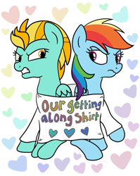 Size: 1536x1928 | Tagged: safe, artist:lannielona, lightning dust, rainbow dash, pegasus, pony, g4, angry, annoyed, clothes, commission, cute, duo, female, get along shirt, gritted teeth, heart, lightning dust is not amused, looking at each other, madorable, mare, rainbow dash is not amused, shared clothing, shirt, simple background, sitting, t-shirt, unamused, white background, ych result