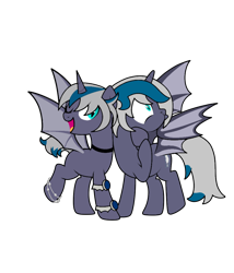 Size: 826x967 | Tagged: safe, artist:icicle-niceicle-1517, artist:kb-gamerartist, color edit, edit, oc, oc only, oc:elizabat stormfeather, alicorn, bat pony, bat pony alicorn, pony, mlp fim's tenth anniversary, alicorn oc, anklet, armband, bat pony oc, bat wings, blank flank, bracelet, choker, collaboration, colored, duality, female, happy birthday mlp:fim, horn, hug, jewelry, mare, one eye closed, open mouth, raised hoof, raised leg, self paradox, simple background, transparent background, wings, wink