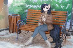 Size: 1499x1000 | Tagged: safe, artist:margony, oc, oc only, oc:lodey darkshine, earth pony, anthro, plantigrade anthro, bench, boots, christmas, christmas tree, coffee, commission, cup, cute, drink, ear piercing, earring, earth pony oc, holiday, jewelry, lamppost, piercing, shoes, smiling, snow, solo, trash can, tree, winter