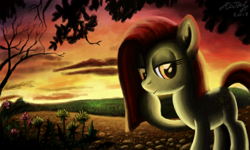Size: 854x512 | Tagged: safe, artist:dreamyskies, oc, pony, 3ds, cloud, complex background, detailed, detailed background, looking at you, pony oc, scenery, signature, solo, sunset