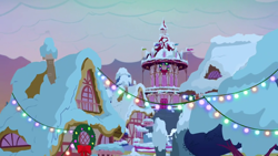 Size: 1280x720 | Tagged: safe, screencap, a hearth's warming tail, g4, background, christmas wreath, no pony, ponyville, ponyville town hall, scenic ponyville, snow, winter, wreath