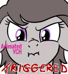 Size: 735x800 | Tagged: safe, artist:lannielona, pony, advertisement, angry, animated, blushing, bust, commission, female, gif, looking at you, mare, meme, portrait, scrunchy face, silly, simple background, solo, triggered, vibrating, white background, your character here