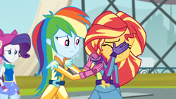 Size: 1920x1080 | Tagged: safe, screencap, rainbow dash, rarity, sunset shimmer, equestria girls, g4, my little pony equestria girls: friendship games, comforting, facepalm, female