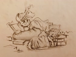 Size: 4032x3024 | Tagged: safe, artist:rigbyh00ves, spike, twilight sparkle, dragon, pony, unicorn, g4, blanket, book, duo, female, glowing horn, high res, horn, levitation, looking at someone, lying down, magic, mare, monochrome, onomatopoeia, pencil drawing, pile of books, pillow, prone, sleeping, smiling, snoring, sound effects, telekinesis, traditional art, unicorn twilight, zzz