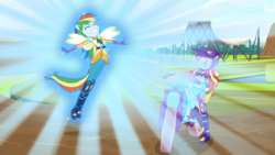 Size: 1920x1080 | Tagged: safe, screencap, rainbow dash, sunset shimmer, equestria girls, g4, my little pony equestria girls: friendship games, aura, motorcross, motorcycle, ponied up, transformation