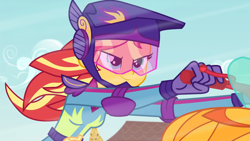 Size: 1920x1080 | Tagged: safe, screencap, sunset shimmer, equestria girls, g4, my little pony equestria girls: friendship games, female, motocross outfit, motorcross, motorcycle, smiling, smirk, solo