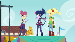 Size: 1920x1080 | Tagged: safe, screencap, applejack, sci-twi, sour sweet, twilight sparkle, equestria girls, g4, my little pony equestria girls: friendship games, boots, clothes, female, magic capture device, pointing, shoes