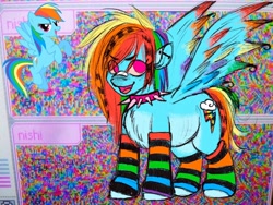 Size: 1080x810 | Tagged: safe, artist:jlouanti, rainbow dash, pegasus, pony, g4, choker, duo, female, leg warmers, mare, rearing, redesign, smiling, spiked choker