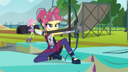 Size: 1920x1080 | Tagged: safe, screencap, fluttershy, sour sweet, equestria girls, g4, my little pony equestria girls: friendship games, archery, arrow, bow (weapon), bow and arrow, female, smiling, smirk, weapon