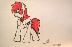 Size: 1080x717 | Tagged: safe, artist:almaustral, oc, oc only, earth pony, pony, earth pony oc, headphones, raised hoof, signature, solo, sunglasses, traditional art