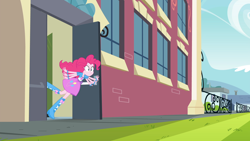 Size: 1920x1080 | Tagged: safe, screencap, pinkie pie, equestria girls, g4, my little pony equestria girls: friendship games, boots, bracelet, clothes, faceplant, female, flailing, high heel boots, jewelry, shoes, skirt, solo