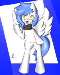 Size: 1440x1789 | Tagged: safe, artist:almaustral, oc, oc only, pegasus, pony, abstract background, bipedal, clothes, pegasus oc, scarf, signature, solo, waving, wings