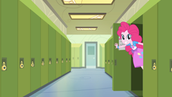 Size: 1920x1080 | Tagged: safe, screencap, pinkie pie, equestria girls, friendship games, g4, bracelet, canterlot high, clothes, female, hallway, jewelry, lockers, looking at you