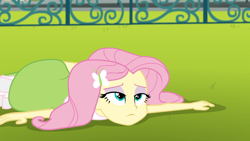 Size: 1920x1080 | Tagged: safe, screencap, fluttershy, equestria girls, friendship games, g4, cropped, exhausted, female, lidded eyes, limp, solo, tired