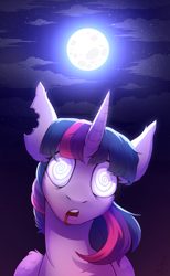 Size: 2509x4070 | Tagged: safe, alternate version, artist:argigen, twilight sparkle, alicorn, pony, rcf community, g4, bite mark, drool, full moon, halloween, high res, holiday, hypnosis, kaa eyes, moon, open mouth, solo, torn ear, twilight sparkle (alicorn)