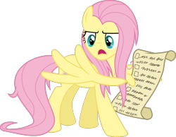 Size: 1805x1398 | Tagged: safe, artist:sollace, derpibooru exclusive, fluttershy, pegasus, pony, g4, she talks to angel, checklist, female, list, mare, messy mane, scroll, show accurate, simple background, solo, transparent background, vector, wing hands, wings