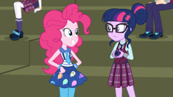 Size: 1920x1080 | Tagged: artist needed, source needed, safe, pinkie pie, sci-twi, twilight sparkle, equestria girls, g4, my little pony equestria girls: friendship games, clothes, crystal prep academy uniform, grin, magic capture device, school uniform, smiling