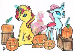 Size: 1624x1149 | Tagged: safe, artist:assertiveshypony, big macintosh, ocellus, sunset shimmer, changeling, earth pony, pony, unicorn, g4, box, drawing, halloween, holiday, jack-o-lantern, knife, pumpkin, simple background, spoon, traditional art, white background