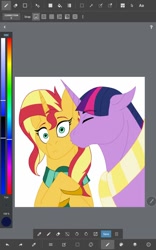 Size: 640x1024 | Tagged: safe, artist:stargazerseven, sunset shimmer, twilight sparkle, pony, unicorn, g4, bust, cheek kiss, clothes, colored, dusk shine, eyes closed, female, half r63 shipping, kissing, male, rule 63, scarf, ship:sunsetsparkle, shipping, stallion, straight, wide eyes