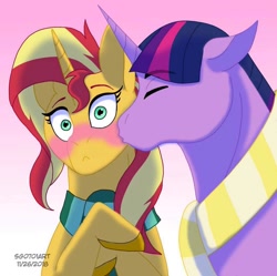 Size: 1080x1077 | Tagged: safe, alternate version, artist:stargazerseven, sunset shimmer, twilight sparkle, pony, unicorn, g4, blushing, bust, cheek kiss, clothes, colored, dusk shine, eyes closed, female, good art made from toilet, gradient background, kissing, male, rule 63, scarf, ship:sunsetsparkle, shipping, stallion, straight, wide eyes