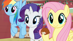 Size: 1920x1080 | Tagged: safe, screencap, fluttershy, rainbow dash, rarity, g4, my little pony best gift ever, mystery voice, cute, dashabetes, raribetes, shyabetes, smiling