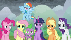 Size: 1920x1080 | Tagged: safe, screencap, applejack, fluttershy, pinkie pie, rainbow dash, rarity, spike, twilight sparkle, alicorn, dragon, earth pony, pegasus, pony, unicorn, g4, the ending of the end, horn, mane seven, mane six, mountain, overcast, twilight sparkle (alicorn), windswept mane, winged spike, wings