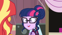 Size: 1920x1080 | Tagged: safe, screencap, sci-twi, sunset shimmer, twilight sparkle, equestria girls, g4, my little pony equestria girls: friendship games, glasses, magic capture device, nervous, open mouth