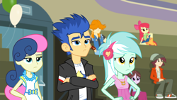 Size: 1920x1080 | Tagged: safe, screencap, apple bloom, bon bon, flash sentry, lyra heartstrings, normal norman, sweetie drops, valhallen, equestria girls, friendship games, g4, background human, bon bon is not amused, boots, clothes, frown, shoes, unamused