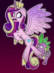 Size: 1280x1707 | Tagged: safe, artist:lexuslove1234, princess cadance, spike, alicorn, dragon, pony, g4, biting, female, floppy ears, horn, male, mare, winged spike, wings