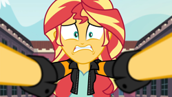 Size: 1920x1080 | Tagged: safe, screencap, sunset shimmer, equestria girls, g4, my little pony equestria girls: friendship games, female, frown, gritted teeth, looking at you, perspective, shrunken pupils, solo, wide eyes