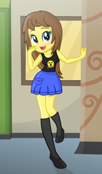 Size: 1280x2198 | Tagged: safe, artist:charliexe, artist:grapefruitface1, oc, oc:grapefruit face, equestria girls, g4, base used, blushing, clothes, freckles, happy, looking at you, rule 63, show accurate, skirt, sleeveless, socks, standing, standing on one leg, story included