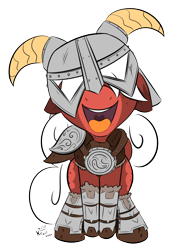 Size: 1000x1300 | Tagged: safe, artist:kingkrail, oc, oc:vanilla melt, pegasus, pony, armor, badass, badass adorable, clothes, cosplay, costume, crossover, cute, female, filly, helmet, open mouth, simple background, skyrim, solo, the elder scrolls, transparent background