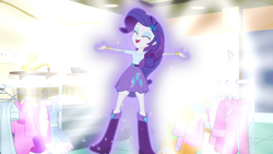 Size: 1920x1080 | Tagged: safe, screencap, rarity, equestria girls, g4, my little pony equestria girls: friendship games, abstract background, aura, boots, bracelet, clothes, clothes rack, cute, female, high heel boots, jewelry, open mouth, raribetes, shoes, skirt, smiling, solo, sparkles, transformation